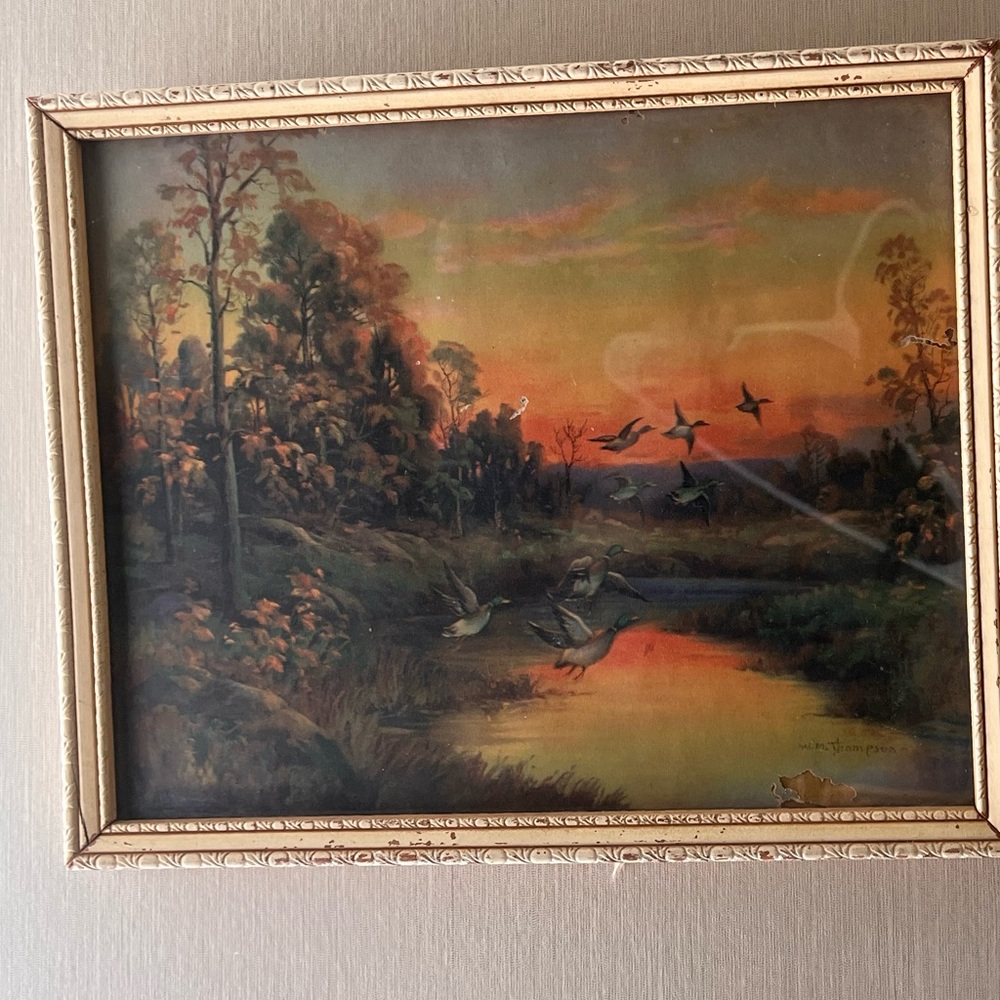 VTG 11x9 W.M. Thompson framed Art landscape print on the Wing, Ducks, & Sunset